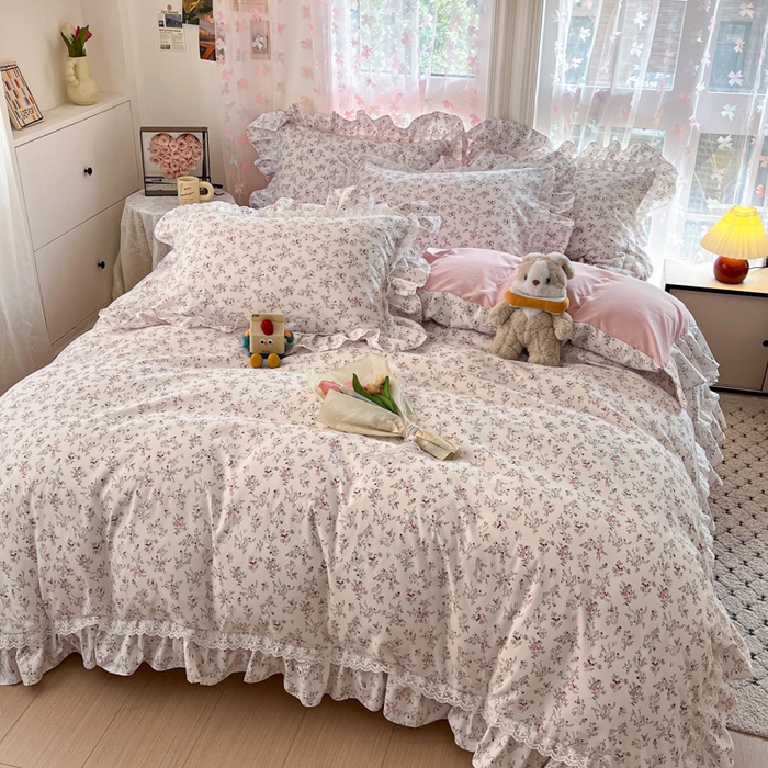 91家纺网 家纺一手货源 找家纺 畅畅家纺 2026新款春秋韩版A类公主风云柔棉工艺款花边四件套 浅韵醉花梦