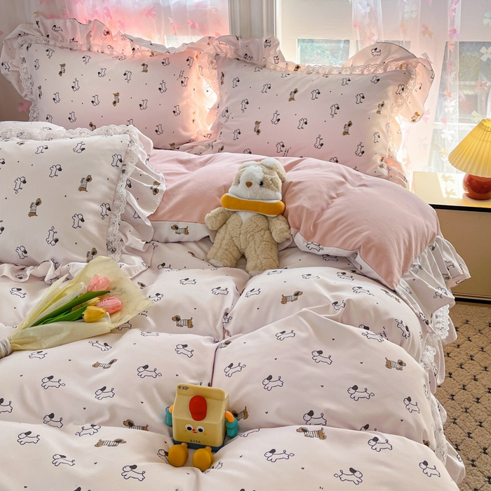 91家纺网 家纺一手货源 找家纺 畅畅家纺 2026新款春秋韩版A类公主风云柔棉工艺款花边四件套 腊肠乐园