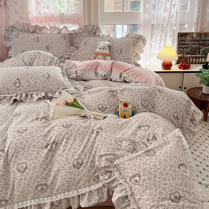 91家纺网 家纺一手货源 找家纺 畅畅家纺 2026新款春秋韩版A类公主风云柔棉工艺款花边四件套 浅梦心花