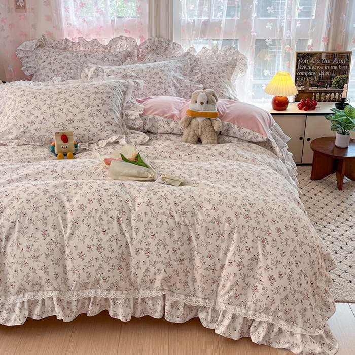 91家纺网 家纺一手货源 找家纺 畅畅家纺 2026新款春秋韩版A类公主风云柔棉工艺款花边四件套 浅韵醉花梦