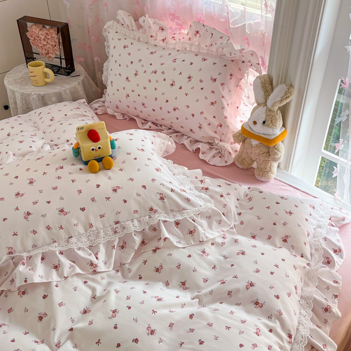 91家纺网 家纺一手货源 找家纺 畅畅家纺 2026新款春秋韩版A类公主风云柔棉工艺款花边四件套 星芒玫瑰庭