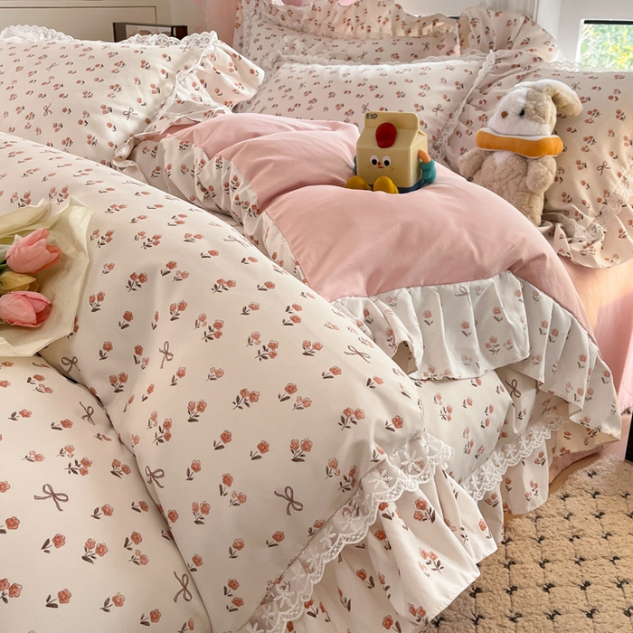 91家纺网 家纺一手货源 找家纺 畅畅家纺 2026新款春秋韩版A类公主风云柔棉工艺款花边四件套 樱花镜