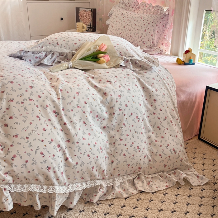 91家纺网 家纺一手货源 找家纺 畅畅家纺 2026新款春秋韩版A类公主风云柔棉工艺款花边四件套 晨露玫瑰
