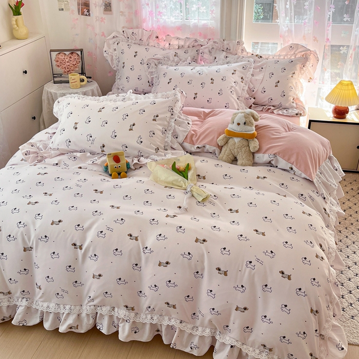 91家纺网 家纺一手货源 找家纺 畅畅家纺 2026新款春秋韩版A类公主风云柔棉工艺款花边四件套 腊肠乐园