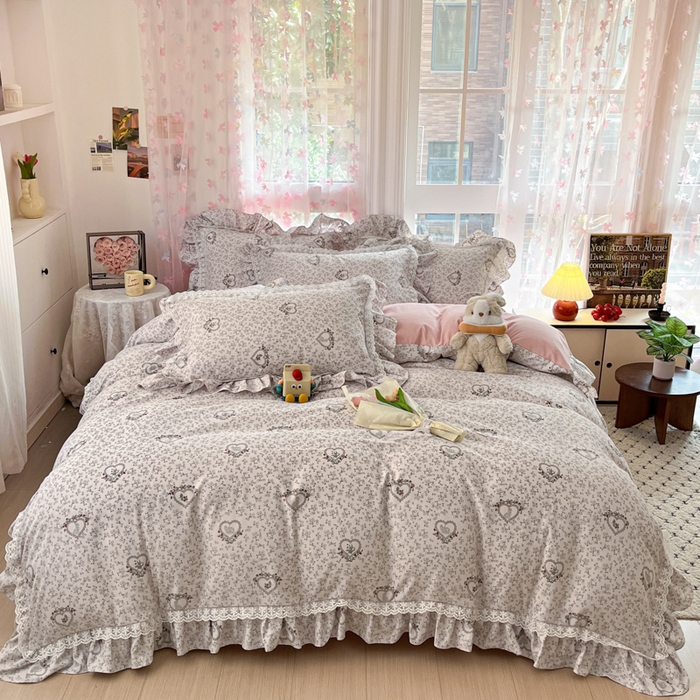 畅畅家纺 2026新款春秋韩版A类公主风云柔棉工艺款花边四件套 浅梦心花