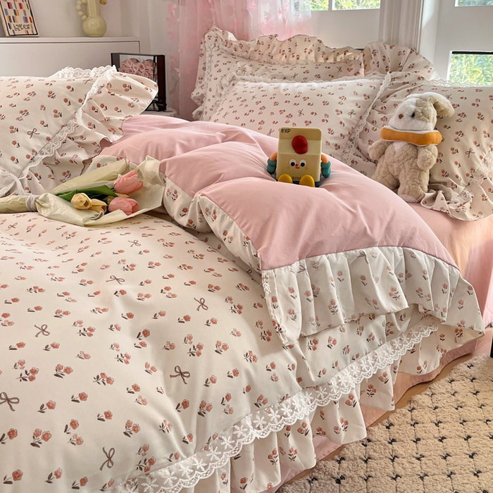 91家纺网 家纺一手货源 找家纺 畅畅家纺 2026新款春秋韩版A类公主风云柔棉工艺款花边四件套 樱花镜