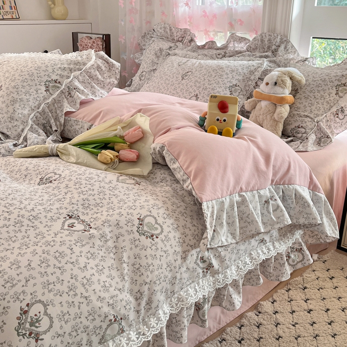 91家纺网 家纺一手货源 找家纺 畅畅家纺 2026新款春秋韩版A类公主风云柔棉工艺款花边四件套 浅梦心花