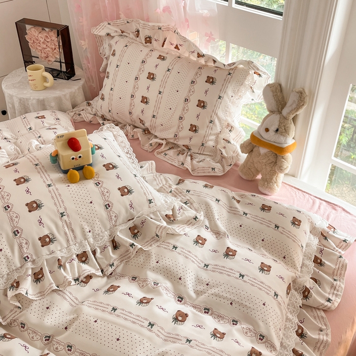 91家纺网 家纺一手货源 找家纺 畅畅家纺 2026新款春秋韩版A类公主风云柔棉工艺款花边四件套 萌熊浅梦