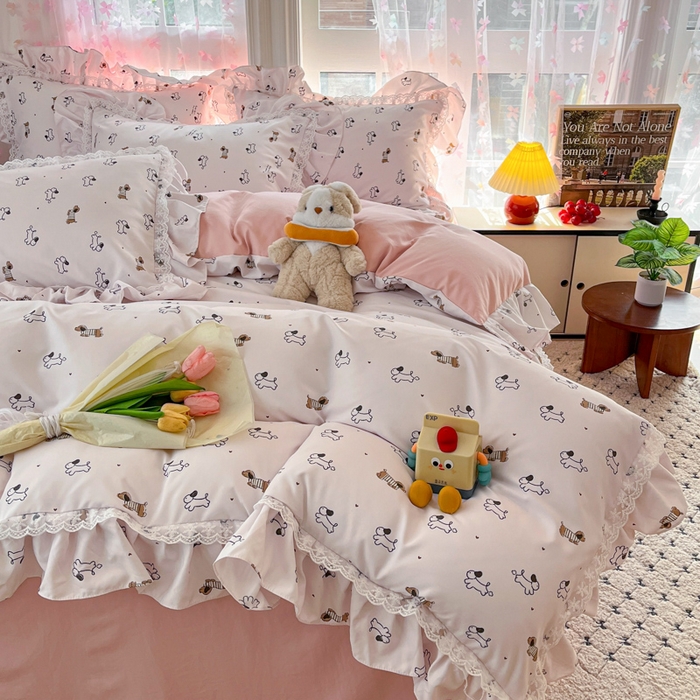 91家纺网 家纺一手货源 找家纺 畅畅家纺 2026新款春秋韩版A类公主风云柔棉工艺款花边四件套 腊肠乐园