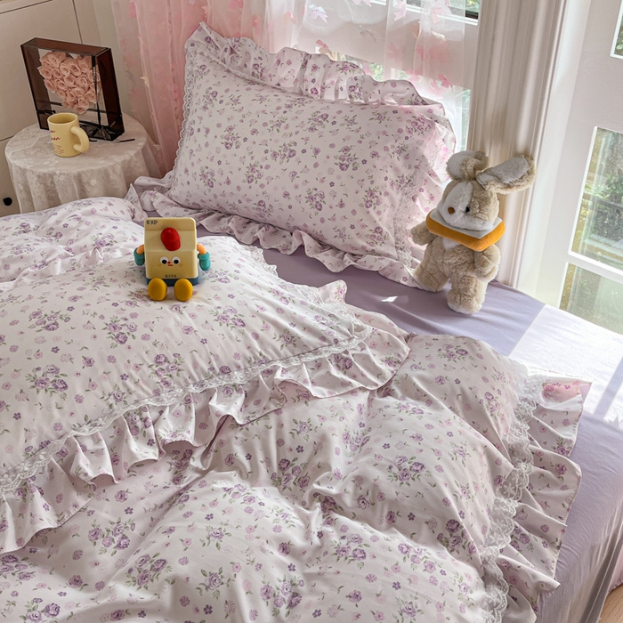91家纺网 家纺一手货源 找家纺 畅畅家纺 2026新款春秋韩版A类公主风云柔棉工艺款花边四件套 柔紫花影