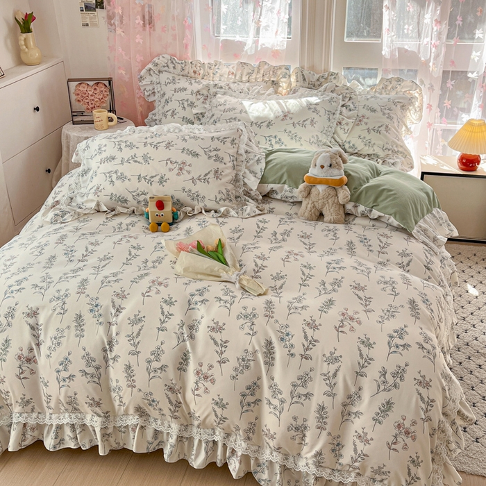 91家纺网 家纺一手货源 找家纺 畅畅家纺 2026新款春秋韩版A类公主风云柔棉工艺款花边四件套 浅花轻语