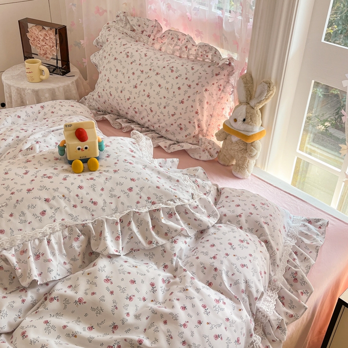 91家纺网 家纺一手货源 找家纺 畅畅家纺 2026新款春秋韩版A类公主风云柔棉工艺款花边四件套 晨露玫瑰