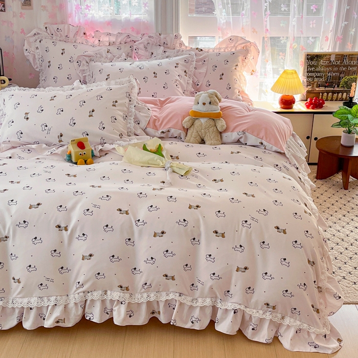 91家纺网 家纺一手货源 找家纺 畅畅家纺 2026新款春秋韩版A类公主风云柔棉工艺款花边四件套 腊肠乐园