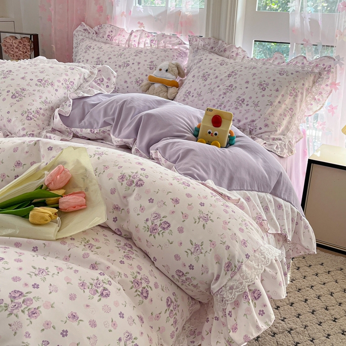 91家纺网 家纺一手货源 找家纺 畅畅家纺 2026新款春秋韩版A类公主风云柔棉工艺款花边四件套 柔紫花影