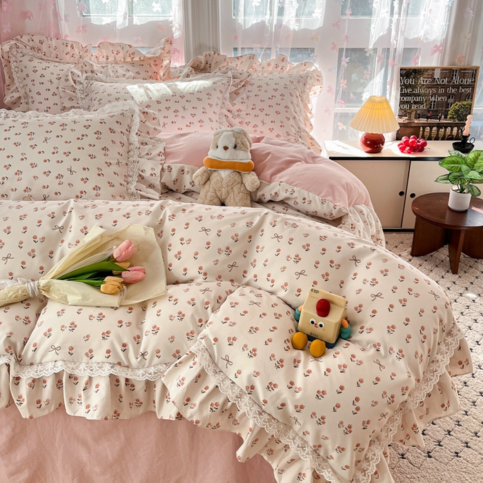 91家纺网 家纺一手货源 找家纺 畅畅家纺 2026新款春秋韩版A类公主风云柔棉工艺款花边四件套 樱花镜