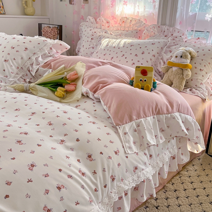 91家纺网 家纺一手货源 找家纺 畅畅家纺 2026新款春秋韩版A类公主风云柔棉工艺款花边四件套 星芒玫瑰庭