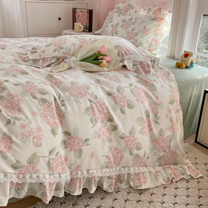 91家纺网 家纺一手货源 找家纺 畅畅家纺 2026新款春秋韩版A类公主风云柔棉工艺款花边四件套 粉樱轻舞