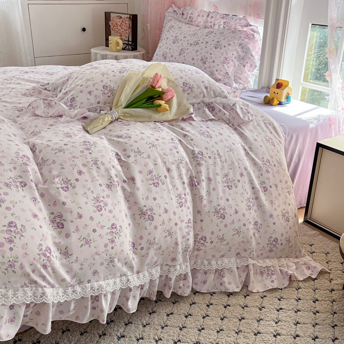 91家纺网 家纺一手货源 找家纺 畅畅家纺 2026新款春秋韩版A类公主风云柔棉工艺款花边四件套 柔紫花影