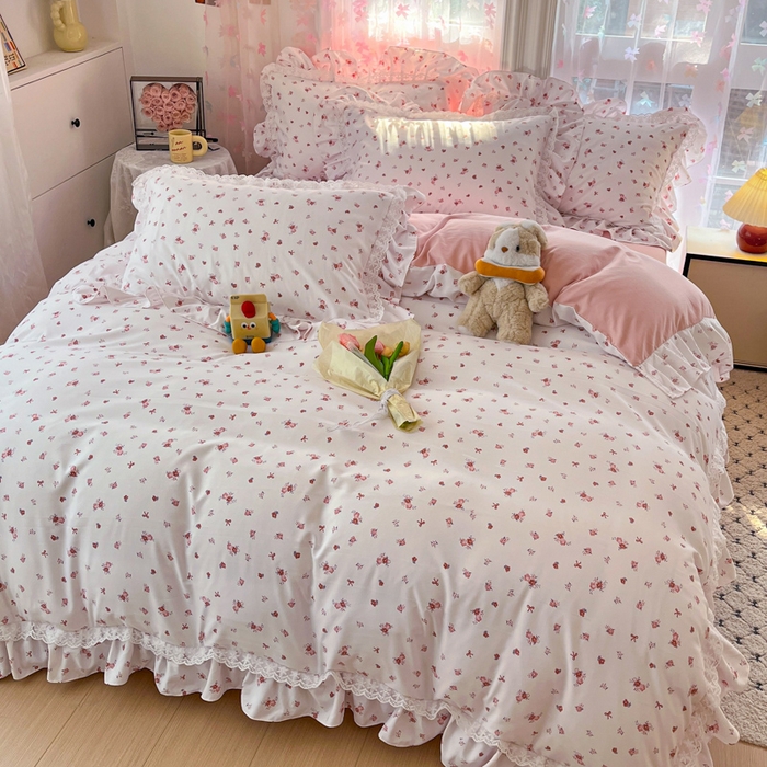 91家纺网 家纺一手货源 找家纺 畅畅家纺 2026新款春秋韩版A类公主风云柔棉工艺款花边四件套 星芒玫瑰庭