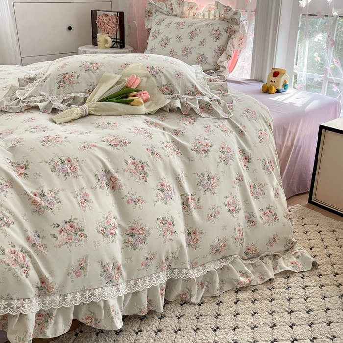 91家纺网 家纺一手货源 找家纺 畅畅家纺 2026新款春秋韩版A类公主风云柔棉工艺款花边四件套 晨花浅语