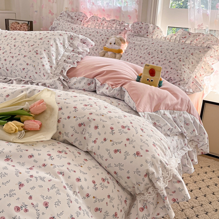 91家纺网 家纺一手货源 找家纺 畅畅家纺 2026新款春秋韩版A类公主风云柔棉工艺款花边四件套 晨露玫瑰