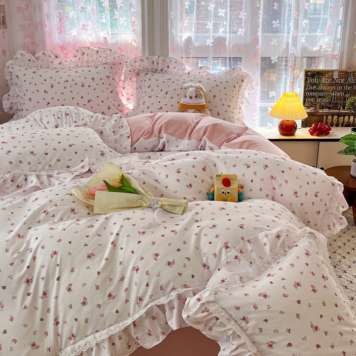 91家纺网 家纺一手货源 找家纺 畅畅家纺 2026新款春秋韩版A类公主风云柔棉工艺款花边四件套 星芒玫瑰庭