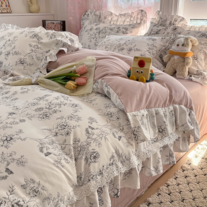 91家纺网 家纺一手货源 找家纺 畅畅家纺 2026新款春秋韩版A类公主风云柔棉工艺款花边四件套 雅花轻梦