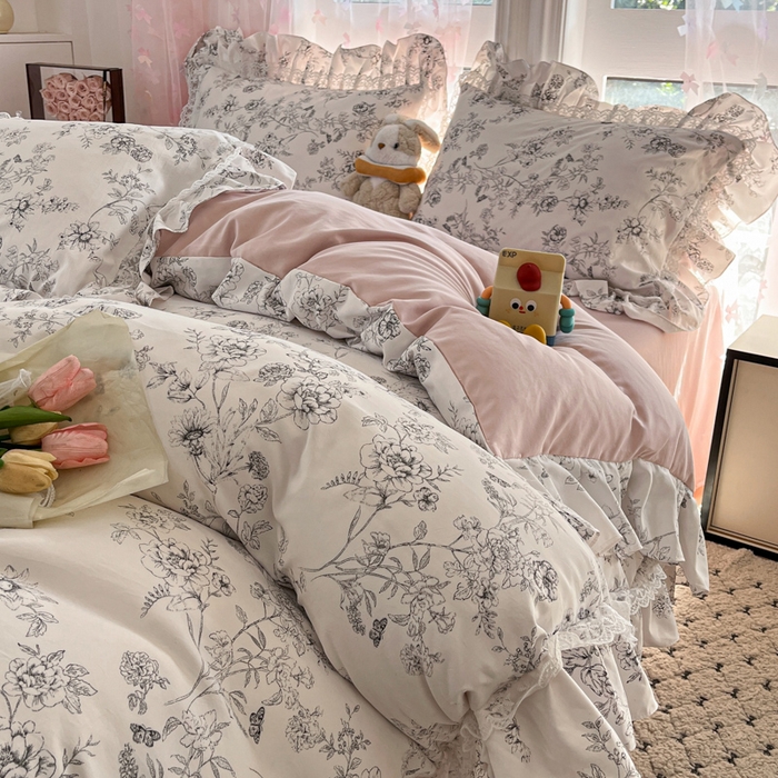 91家纺网 家纺一手货源 找家纺 畅畅家纺 2026新款春秋韩版A类公主风云柔棉工艺款花边四件套 雅花轻梦