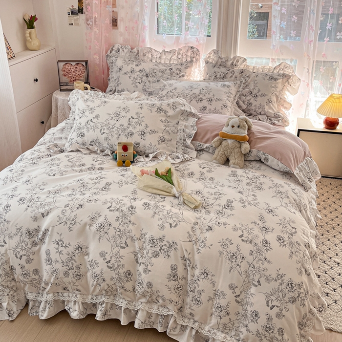 91家纺网 家纺一手货源 找家纺 畅畅家纺 2026新款春秋韩版A类公主风云柔棉工艺款花边四件套 雅花轻梦