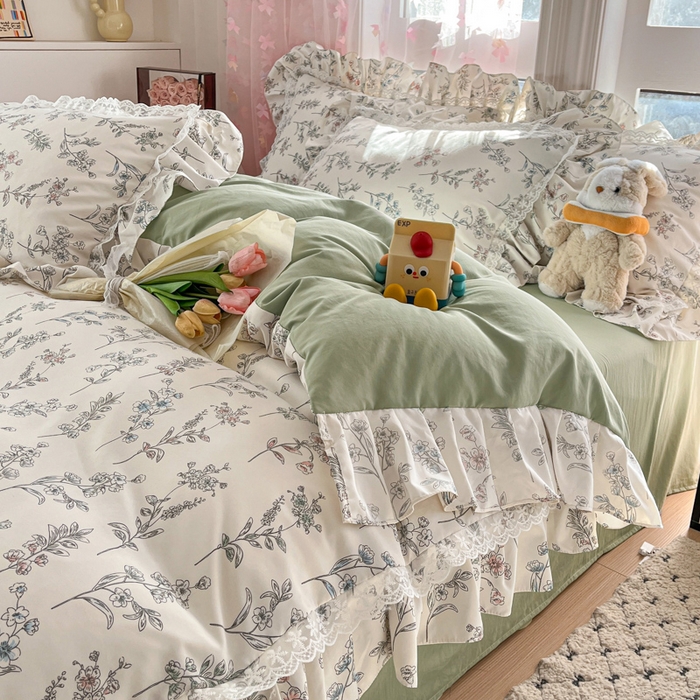 91家纺网 家纺一手货源 找家纺 畅畅家纺 2026新款春秋韩版A类公主风云柔棉工艺款花边四件套 浅花轻语