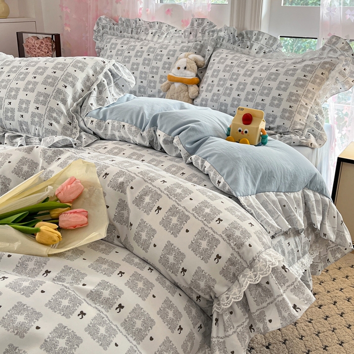 91家纺网 家纺一手货源 找家纺 畅畅家纺 2026新款春秋韩版A类公主风云柔棉工艺款花边四件套 格影清梦