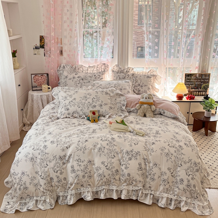 畅畅家纺 2026新款春秋韩版A类公主风云柔棉工艺款花边四件套 雅花轻梦