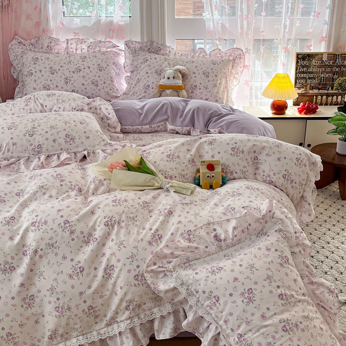 91家纺网 家纺一手货源 找家纺 畅畅家纺 2026新款春秋韩版A类公主风云柔棉工艺款花边四件套 柔紫花影