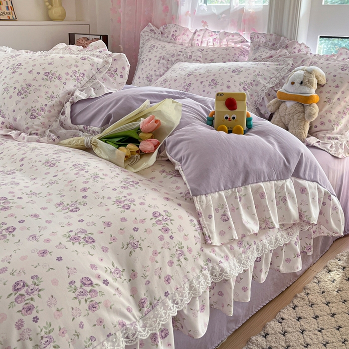 91家纺网 家纺一手货源 找家纺 畅畅家纺 2026新款春秋韩版A类公主风云柔棉工艺款花边四件套 柔紫花影