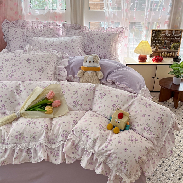 91家纺网 家纺一手货源 找家纺 畅畅家纺 2026新款春秋韩版A类公主风云柔棉工艺款花边四件套 柔紫花影