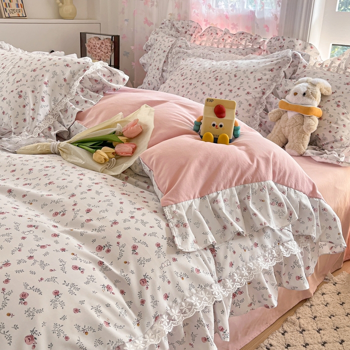 91家纺网 家纺一手货源 找家纺 畅畅家纺 2026新款春秋韩版A类公主风云柔棉工艺款花边四件套 晨露玫瑰