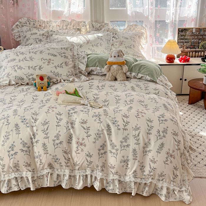 91家纺网 家纺一手货源 找家纺 畅畅家纺 2026新款春秋韩版A类公主风云柔棉工艺款花边四件套 浅花轻语