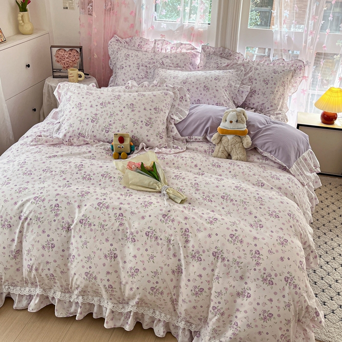 91家纺网 家纺一手货源 找家纺 畅畅家纺 2026新款春秋韩版A类公主风云柔棉工艺款花边四件套 柔紫花影