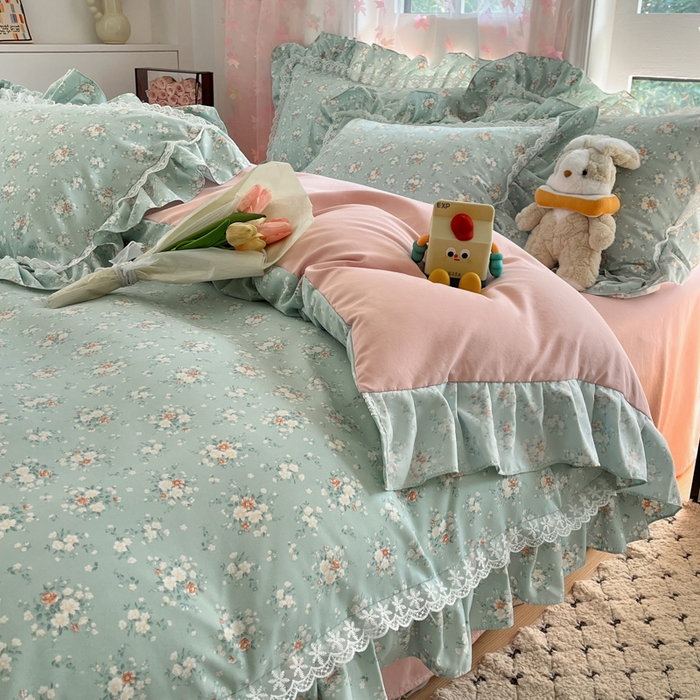 91家纺网 家纺一手货源 找家纺 畅畅家纺 2026新款春秋韩版A类公主风云柔棉工艺款花边四件套 珍珠蓝花境