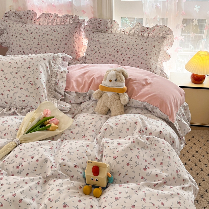 91家纺网 家纺一手货源 找家纺 畅畅家纺 2026新款春秋韩版A类公主风云柔棉工艺款花边四件套 晨露玫瑰