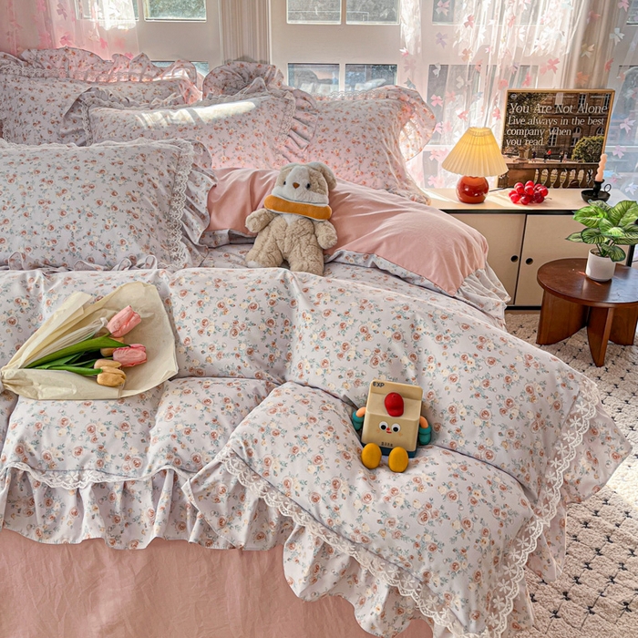 91家纺网 家纺一手货源 找家纺 畅畅家纺 2026新款春秋韩版A类公主风云柔棉工艺款花边四件套 梦幻玫瑰园