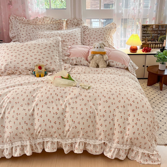 91家纺网 家纺一手货源 找家纺 畅畅家纺 2026新款春秋韩版A类公主风云柔棉工艺款花边四件套 樱花镜