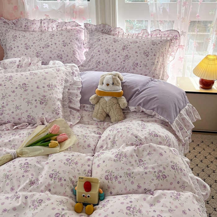 91家纺网 家纺一手货源 找家纺 畅畅家纺 2026新款春秋韩版A类公主风云柔棉工艺款花边四件套 柔紫花影