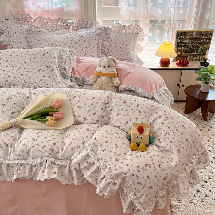 91家纺网 家纺一手货源 找家纺 畅畅家纺 2026新款春秋韩版A类公主风云柔棉工艺款花边四件套 晨露玫瑰