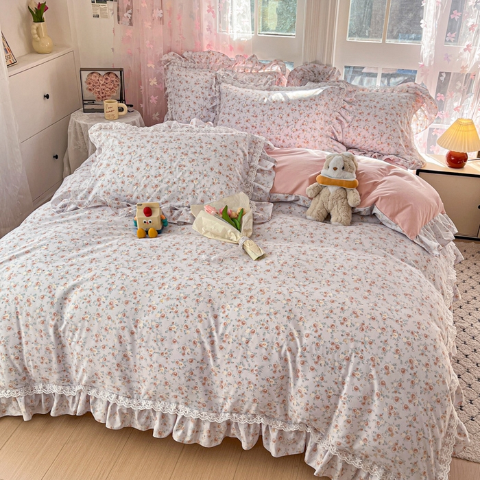 91家纺网 家纺一手货源 找家纺 畅畅家纺 2026新款春秋韩版A类公主风云柔棉工艺款花边四件套 梦幻玫瑰园