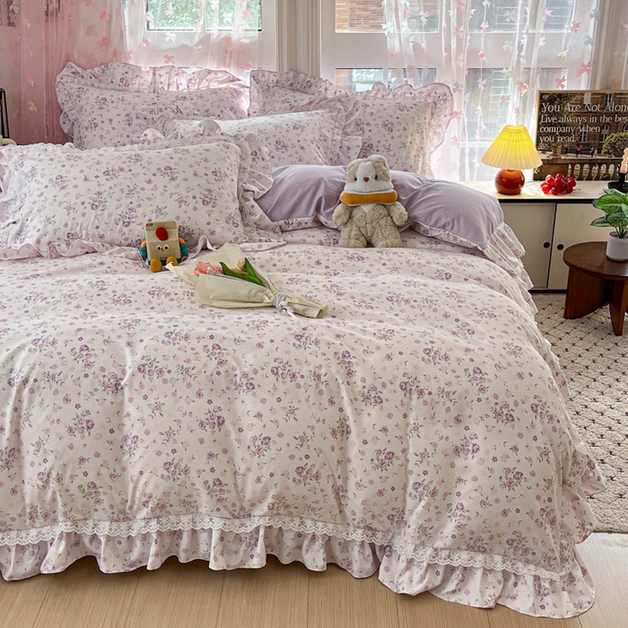 91家纺网 家纺一手货源 找家纺 畅畅家纺 2026新款春秋韩版A类公主风云柔棉工艺款花边四件套 柔紫花影