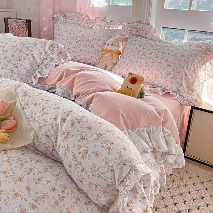 91家纺网 家纺一手货源 找家纺 畅畅家纺 2026新款春秋韩版A类公主风云柔棉工艺款花边四件套 梦幻玫瑰园