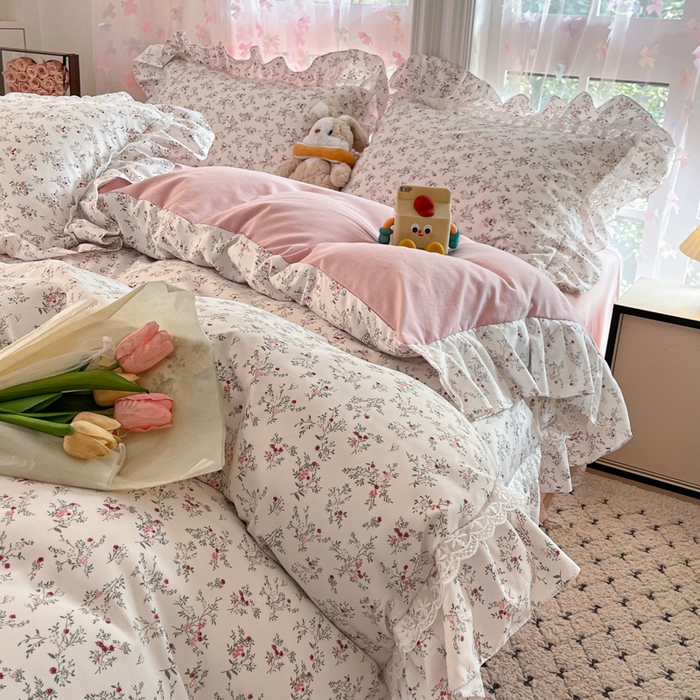 91家纺网 家纺一手货源 找家纺 畅畅家纺 2026新款春秋韩版A类公主风云柔棉工艺款花边四件套 浅韵醉花梦