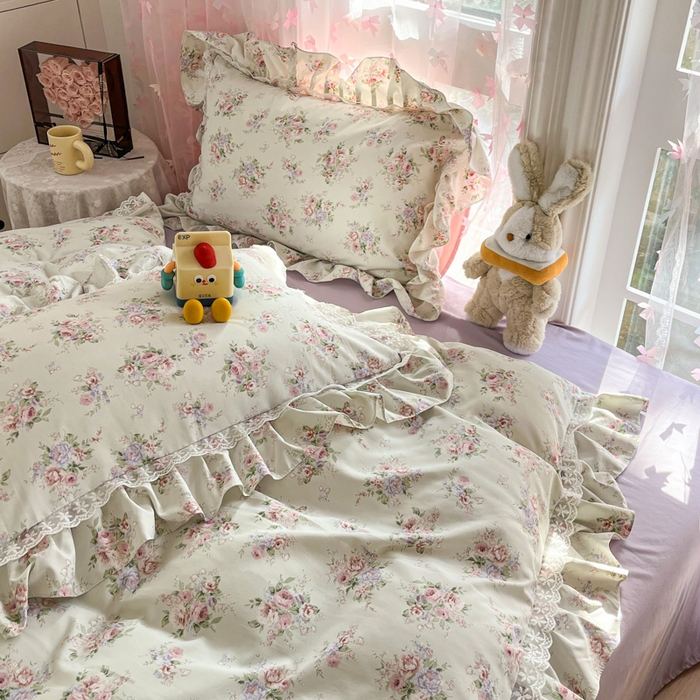 91家纺网 家纺一手货源 找家纺 畅畅家纺 2026新款春秋韩版A类公主风云柔棉工艺款花边四件套 晨花浅语