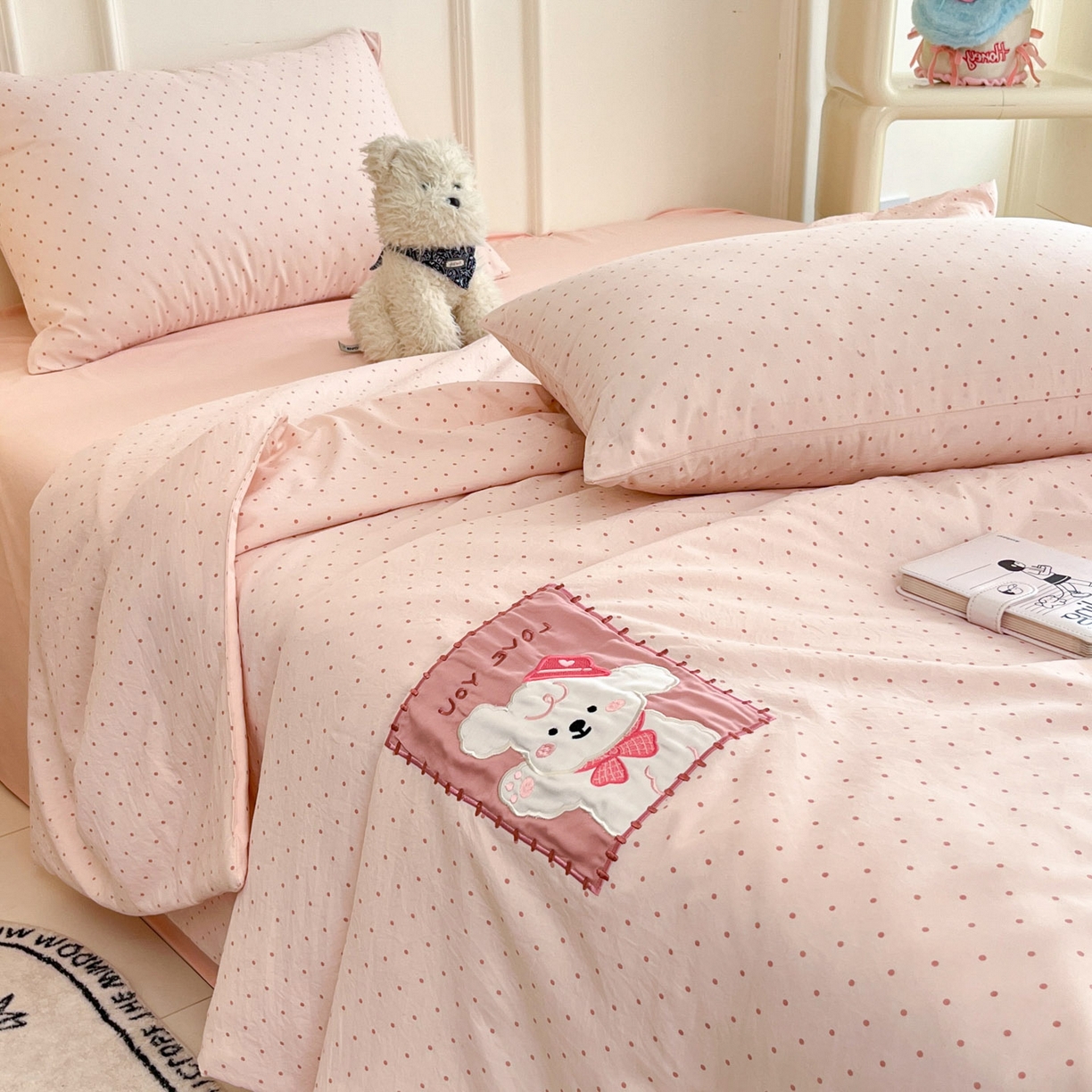 91家纺网 家纺一手货源 找家纺 一加一 2026春夏新款云小棉贴布绣花大豆夏凉被空调被夏被四件套 波点小狗